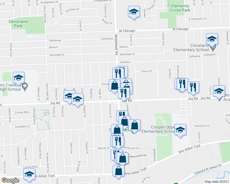 map of restaurants, bars, coffee shops, grocery stores, and more near 8895 Middlebelt Road in Livonia