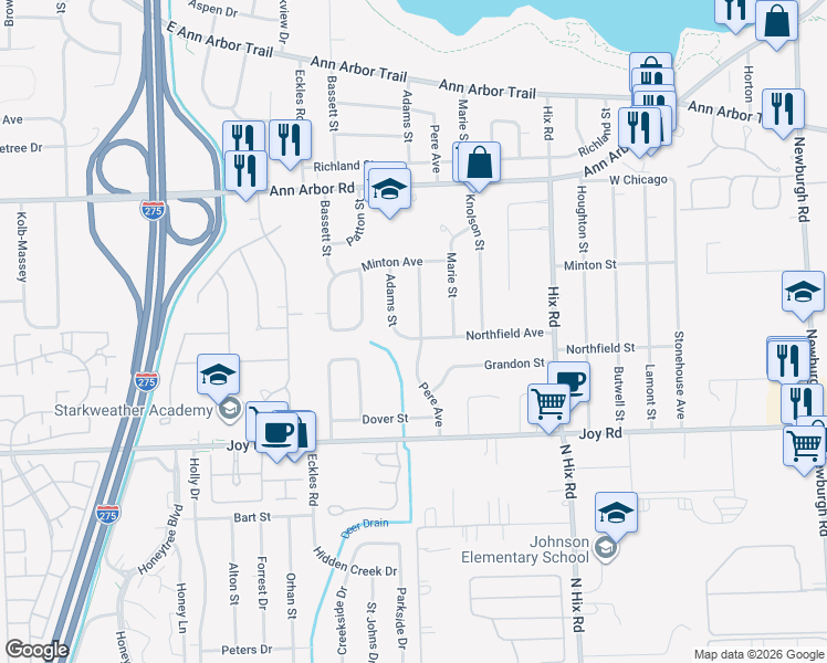 map of restaurants, bars, coffee shops, grocery stores, and more near 38910 Northfield Avenue in Livonia