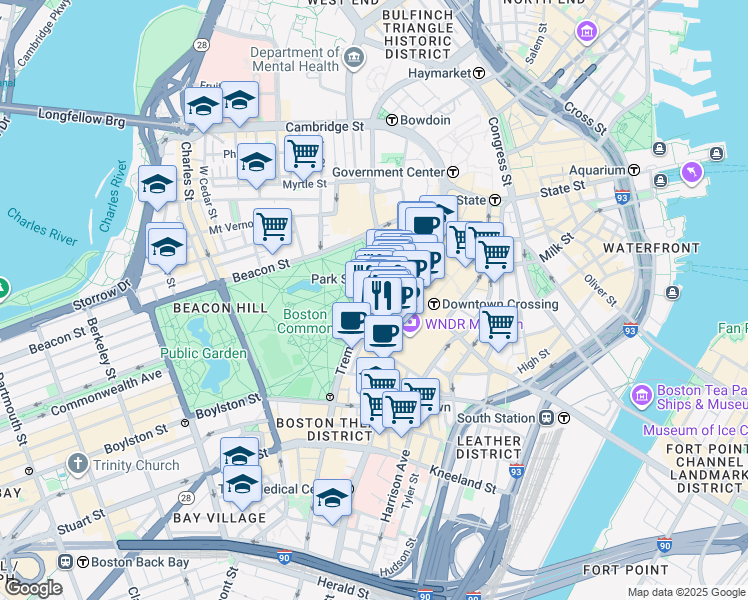 map of restaurants, bars, coffee shops, grocery stores, and more near 11 Temple Place in Boston