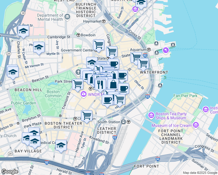 map of restaurants, bars, coffee shops, grocery stores, and more near 100 Franklin Street in Boston