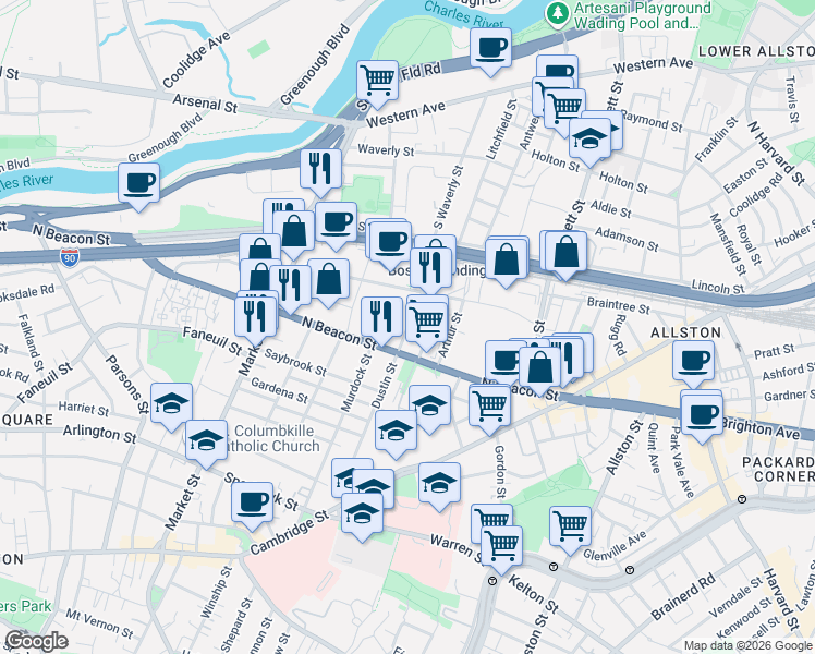 map of restaurants, bars, coffee shops, grocery stores, and more near 35 Hichborn Street in Boston