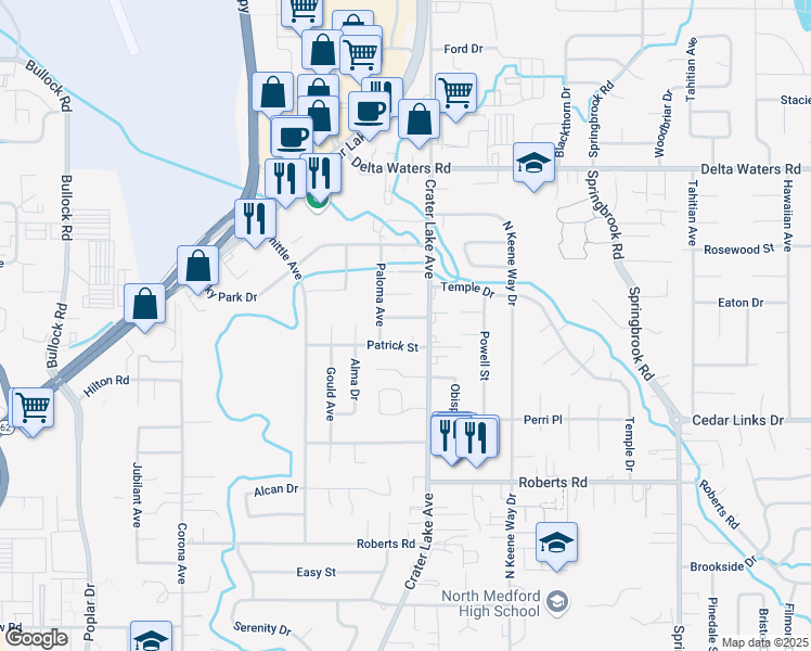 map of restaurants, bars, coffee shops, grocery stores, and more near 2623 Crater Lake Avenue in Medford