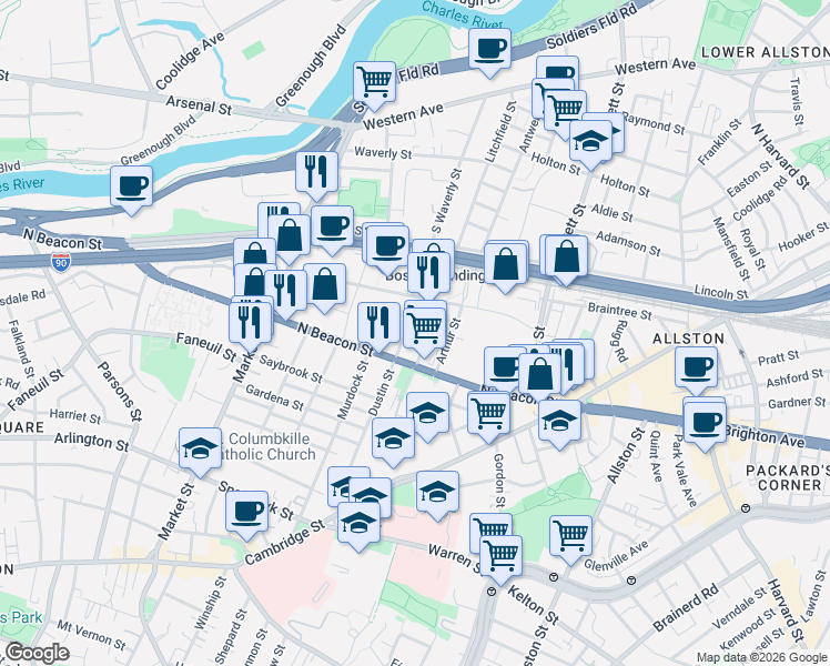 map of restaurants, bars, coffee shops, grocery stores, and more near 35 Hichborn Street in Boston