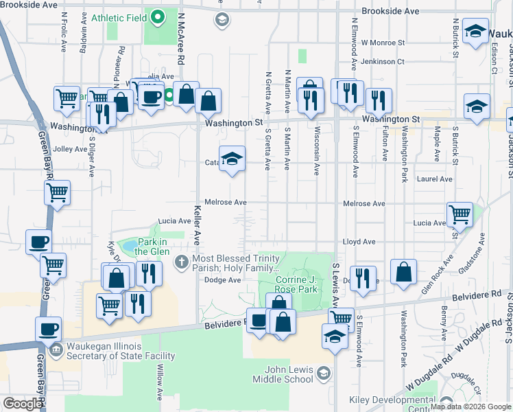 map of restaurants, bars, coffee shops, grocery stores, and more near 2209 Melrose Avenue in Waukegan