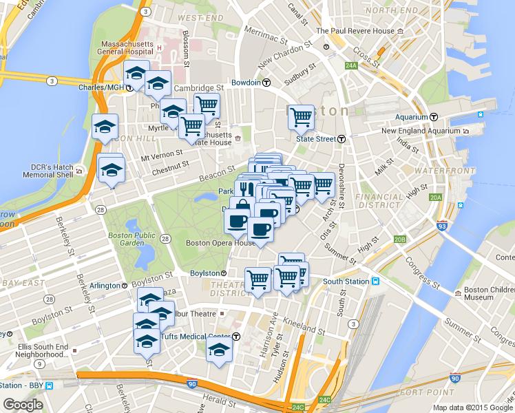 map of restaurants, bars, coffee shops, grocery stores, and more near 140 Tremont Street in Boston