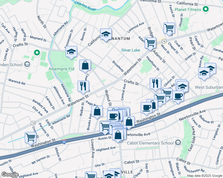 map of restaurants, bars, coffee shops, grocery stores, and more near 40 Lowell Avenue in Newton