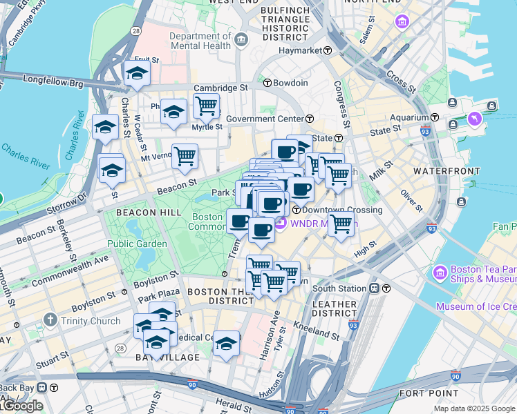 map of restaurants, bars, coffee shops, grocery stores, and more near 140 Tremont Street in Boston
