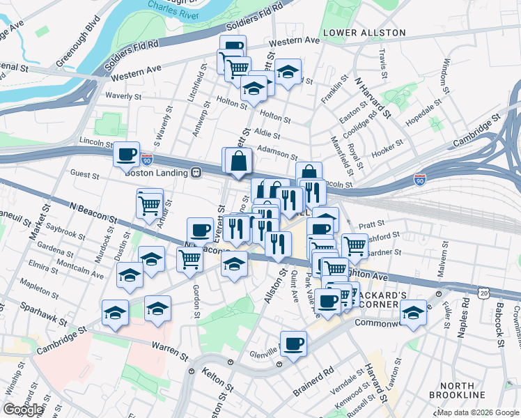 map of restaurants, bars, coffee shops, grocery stores, and more near 20 Penniman Road in Boston