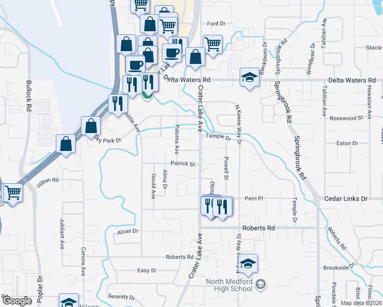 map of restaurants, bars, coffee shops, grocery stores, and more near 2623 Crater Lake Avenue in Medford