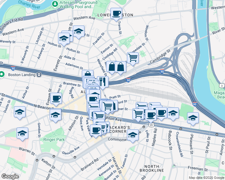 map of restaurants, bars, coffee shops, grocery stores, and more near 22 Pratt Street in Boston