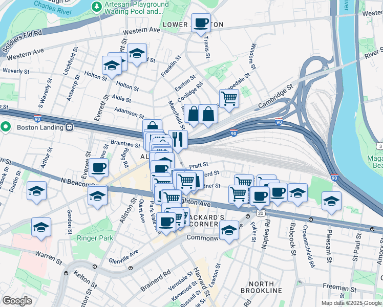map of restaurants, bars, coffee shops, grocery stores, and more near 22 Pratt Street in Boston