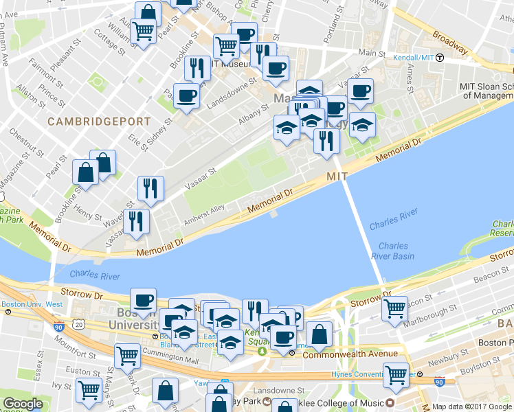 map of restaurants, bars, coffee shops, grocery stores, and more near 417 Memorial Drive in Cambridge