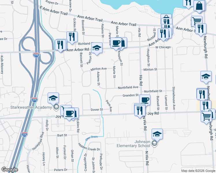 map of restaurants, bars, coffee shops, grocery stores, and more near 38910 Northfield Avenue in Livonia