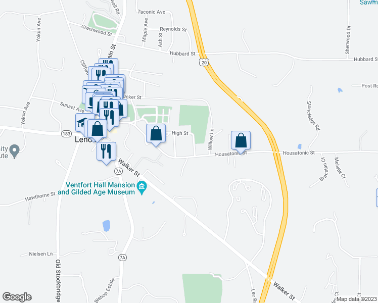 map of restaurants, bars, coffee shops, grocery stores, and more near 133-135 Housatonic Street in Lenox