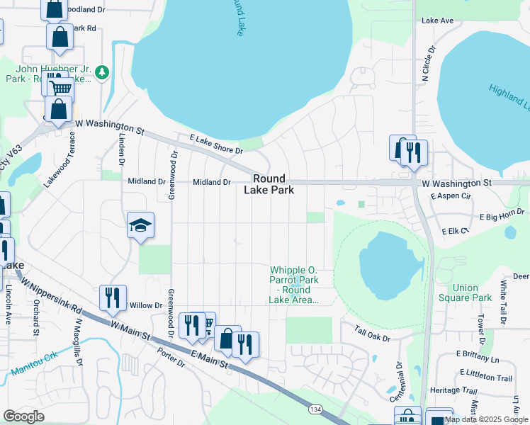 map of restaurants, bars, coffee shops, grocery stores, and more near 402 Fairlawn Drive in Round Lake Park