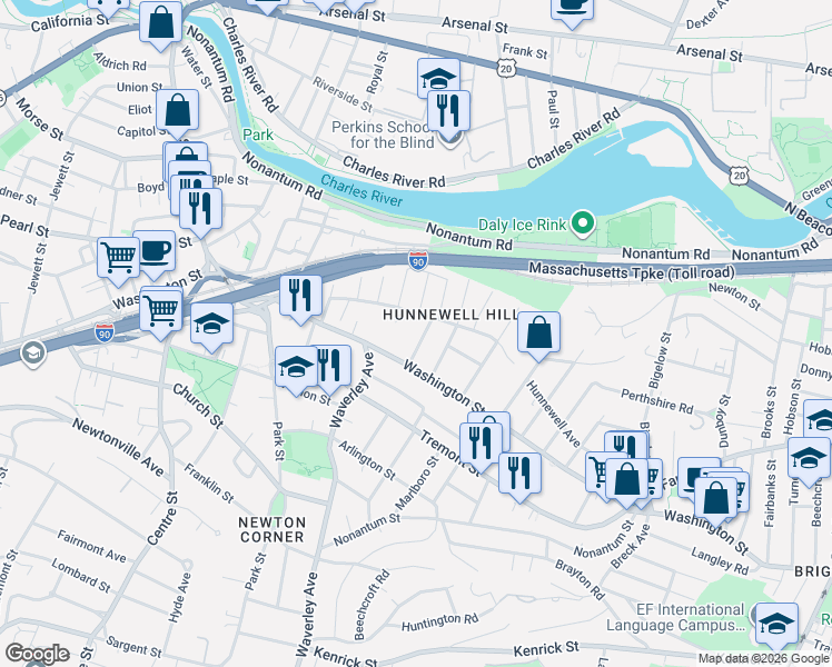 map of restaurants, bars, coffee shops, grocery stores, and more near 25 Copley Street in Newton