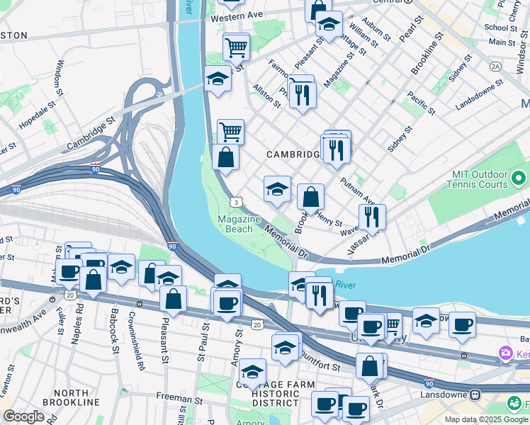 map of restaurants, bars, coffee shops, grocery stores, and more near 40 Granite Street in Cambridge