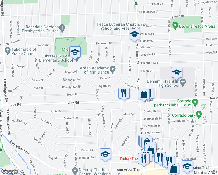 map of restaurants, bars, coffee shops, grocery stores, and more near 31731 Wyoming in Livonia