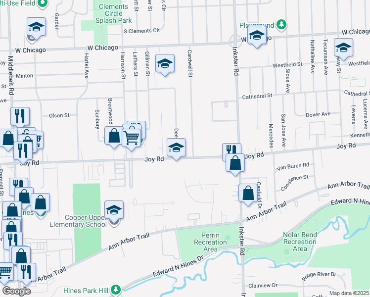 map of restaurants, bars, coffee shops, grocery stores, and more near 27790 Joy Rd in Livonia