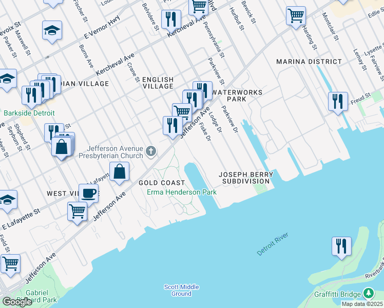 map of restaurants, bars, coffee shops, grocery stores, and more near 697 Hibbard Street in Detroit
