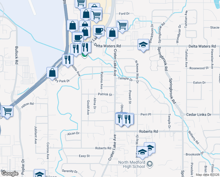 map of restaurants, bars, coffee shops, grocery stores, and more near 2623 Crater Lake Avenue in Medford