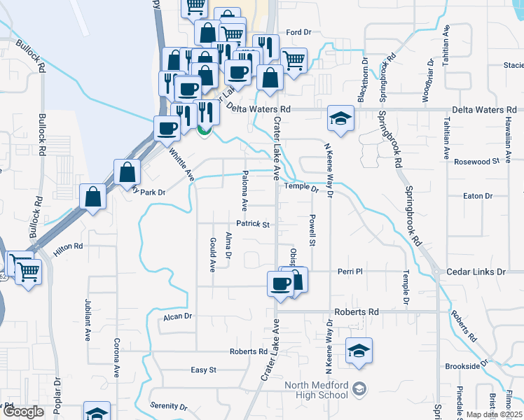 map of restaurants, bars, coffee shops, grocery stores, and more near 2623 Crater Lake Avenue in Medford