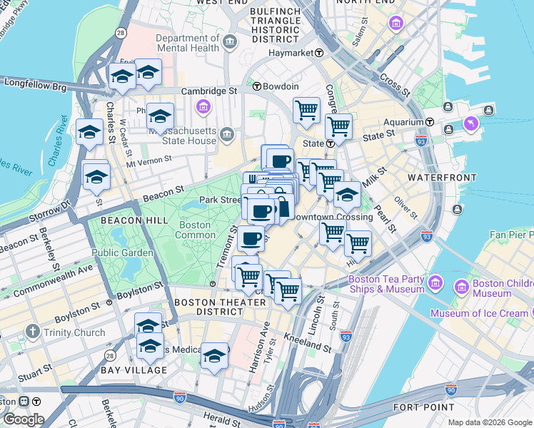 map of restaurants, bars, coffee shops, grocery stores, and more near 450 Washington Street in Boston