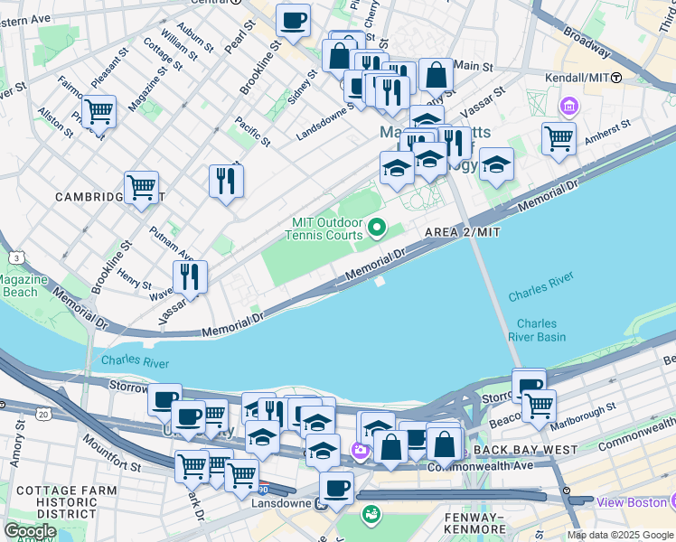 map of restaurants, bars, coffee shops, grocery stores, and more near 417 Memorial Drive in Cambridge
