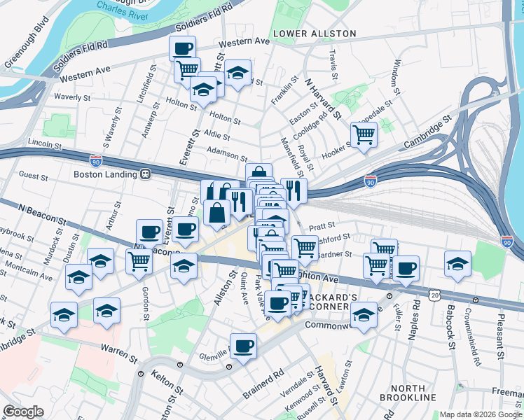 map of restaurants, bars, coffee shops, grocery stores, and more near in Boston