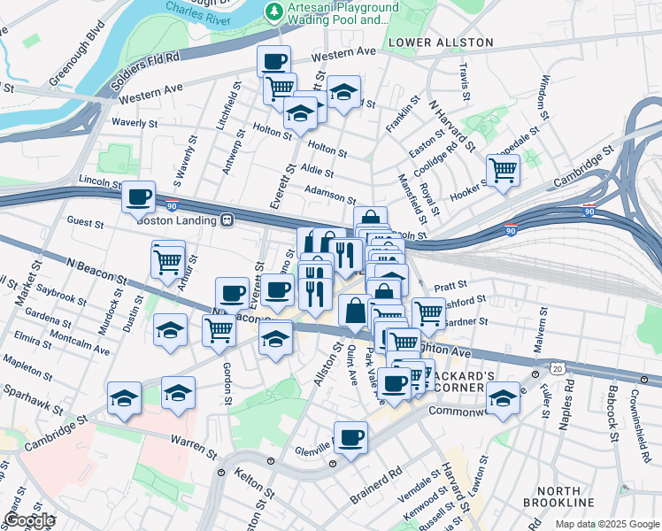 map of restaurants, bars, coffee shops, grocery stores, and more near 15 Denby Road in Boston