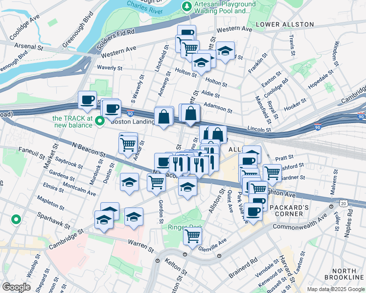 map of restaurants, bars, coffee shops, grocery stores, and more near 51 Hano Street in Boston