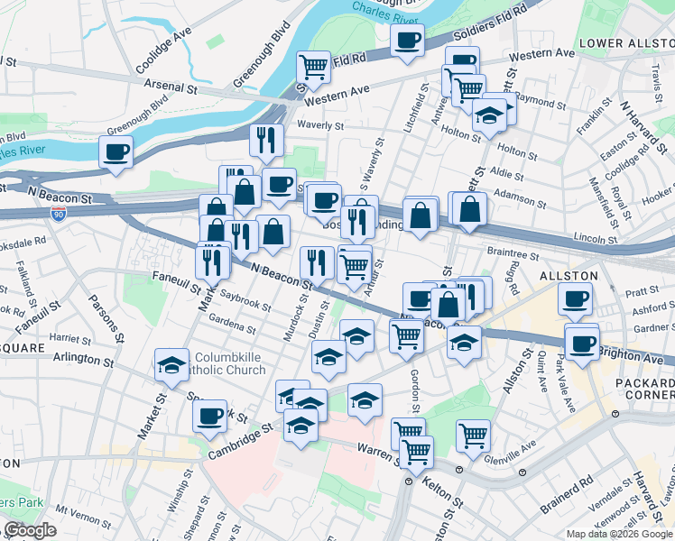 map of restaurants, bars, coffee shops, grocery stores, and more near 35 Hichborn Street in Boston