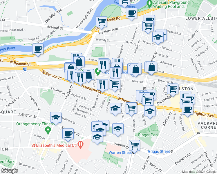 map of restaurants, bars, coffee shops, grocery stores, and more near 35 Hichborn Street in Boston