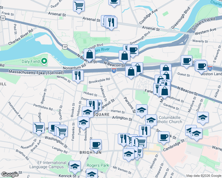 map of restaurants, bars, coffee shops, grocery stores, and more near 6 Cresthill Road in Boston
