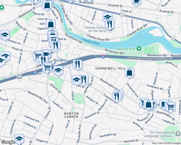 map of restaurants, bars, coffee shops, grocery stores, and more near 108 Washington Street in Newton