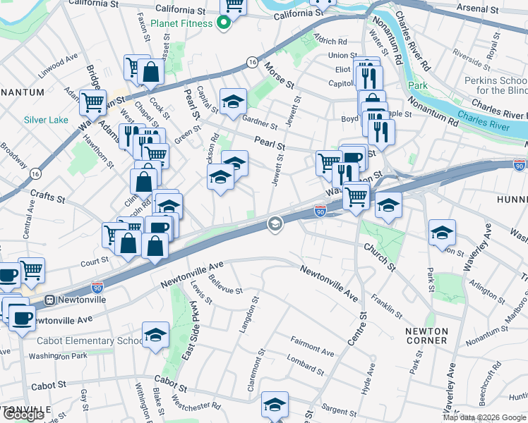 map of restaurants, bars, coffee shops, grocery stores, and more near in Newton