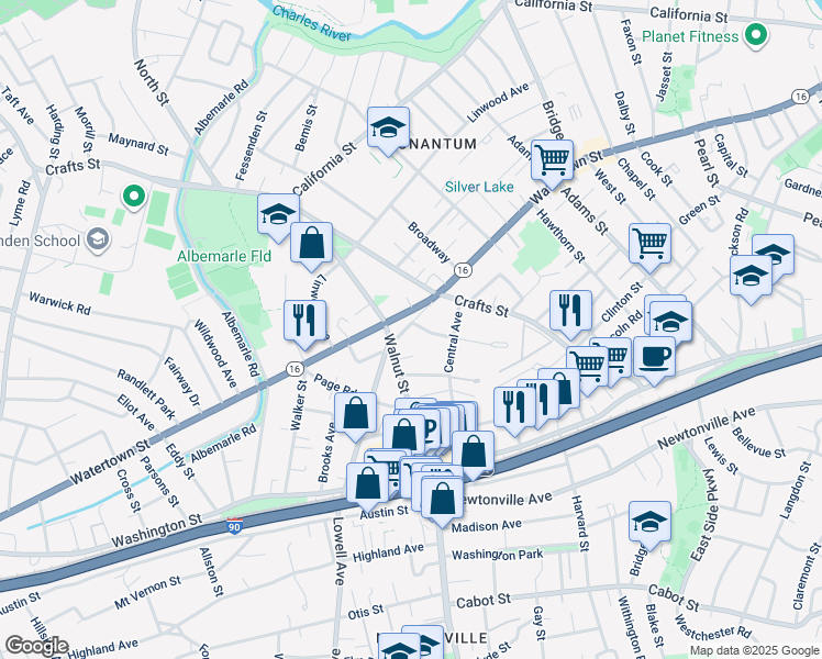 map of restaurants, bars, coffee shops, grocery stores, and more near 38 Lowell Avenue in Newton