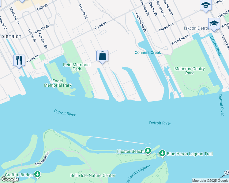 map of restaurants, bars, coffee shops, grocery stores, and more near 26 Sand Bar Lane in Detroit