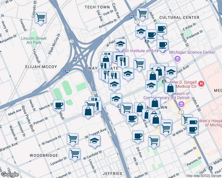 map of restaurants, bars, coffee shops, grocery stores, and more near 5050 Anthony Wayne Drive in Detroit