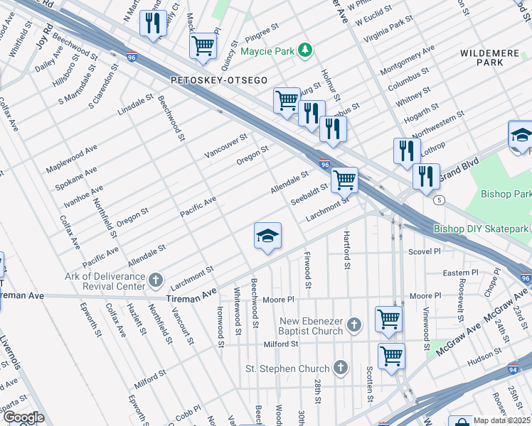 map of restaurants, bars, coffee shops, grocery stores, and more near 4555 Seebaldt Street in Detroit