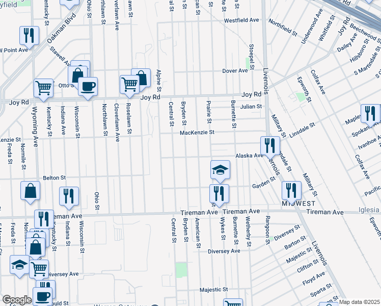 map of restaurants, bars, coffee shops, grocery stores, and more near 7540 Alaska Avenue in Detroit