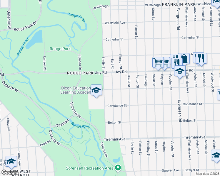 map of restaurants, bars, coffee shops, grocery stores, and more near 8512 Burt Road in Detroit