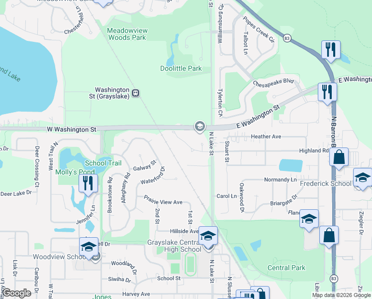 map of restaurants, bars, coffee shops, grocery stores, and more near 37 Highland Road in Grayslake