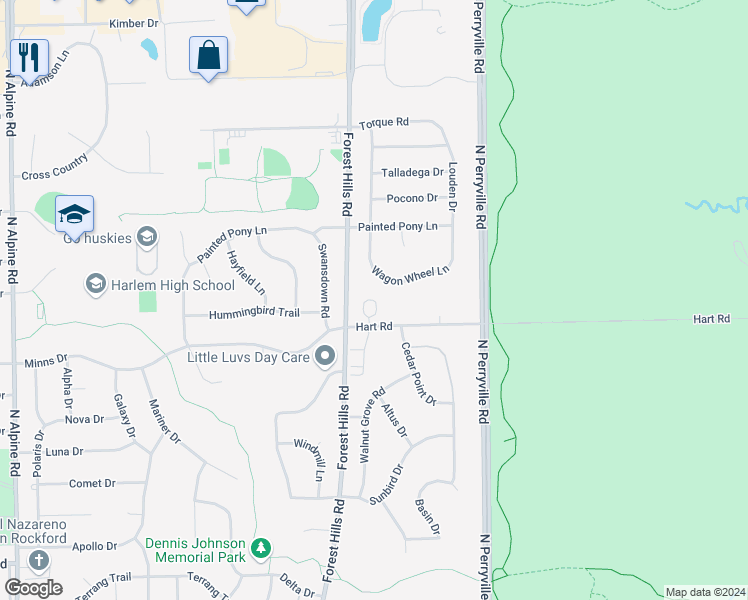 map of restaurants, bars, coffee shops, grocery stores, and more near 6515 Timberleaf Court in Loves Park