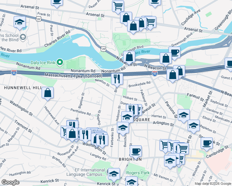 map of restaurants, bars, coffee shops, grocery stores, and more near 105 Hobart Street in Boston