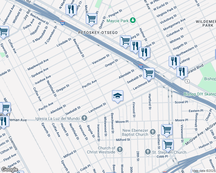 map of restaurants, bars, coffee shops, grocery stores, and more near 4634 Seebaldt Street in Detroit