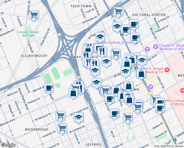 map of restaurants, bars, coffee shops, grocery stores, and more near 5201 Anthony Wayne Drive in Detroit