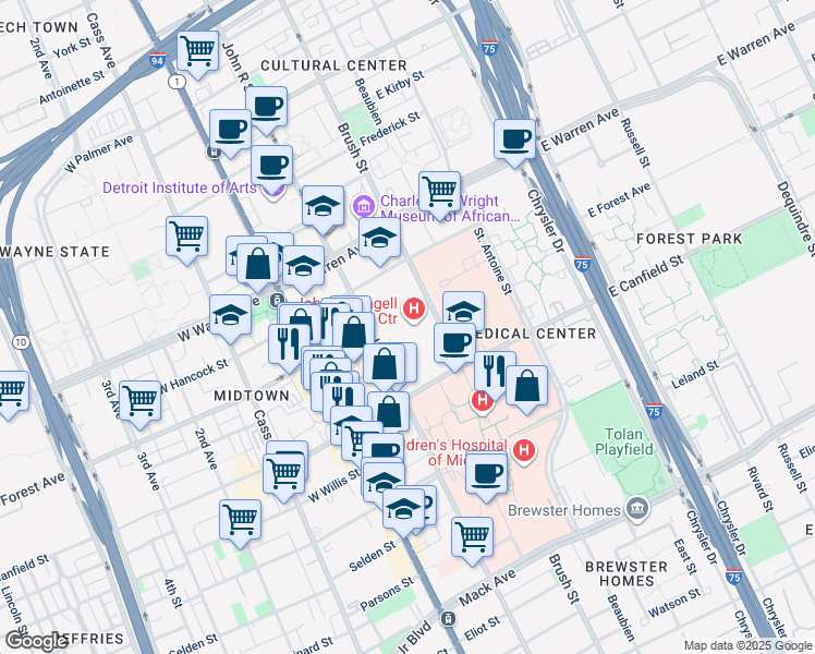 map of restaurants, bars, coffee shops, grocery stores, and more near 4646 John R Street in Detroit