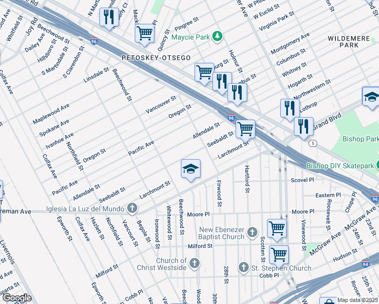 map of restaurants, bars, coffee shops, grocery stores, and more near 4555 Seebaldt Street in Detroit