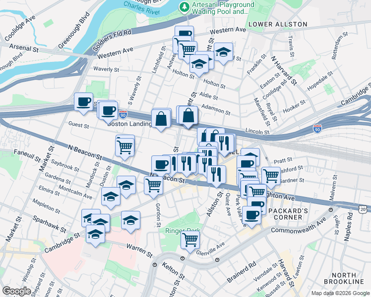 map of restaurants, bars, coffee shops, grocery stores, and more near 53 Hano Street in Boston